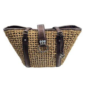Brighton Natalie Basket Straw Woven Handbag Purse Tote Bronze Brown Leather Trim